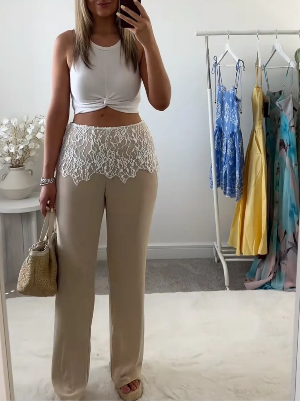 Zara NWT High-Waist Wide-Leg Pants Lace overlay Trim tie side - Beige